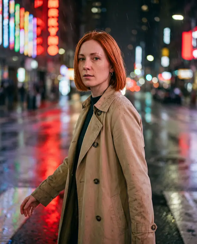 The same character crossing a rainy neon street at night