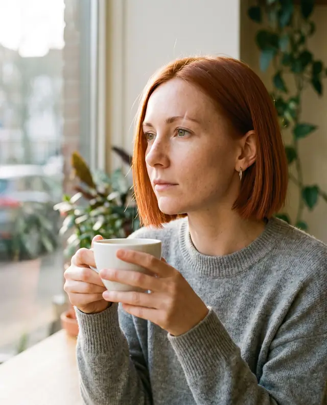 The same character with a cup of coffee by a cafe window