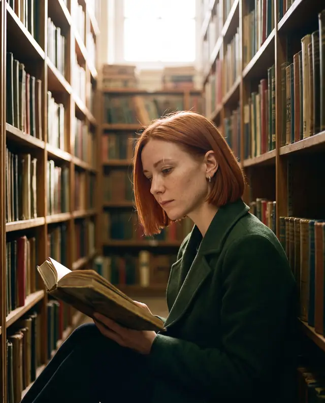 The same character reading in a library