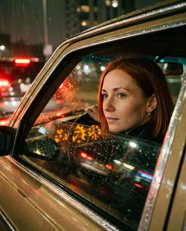 The same character driving at night in the rain
