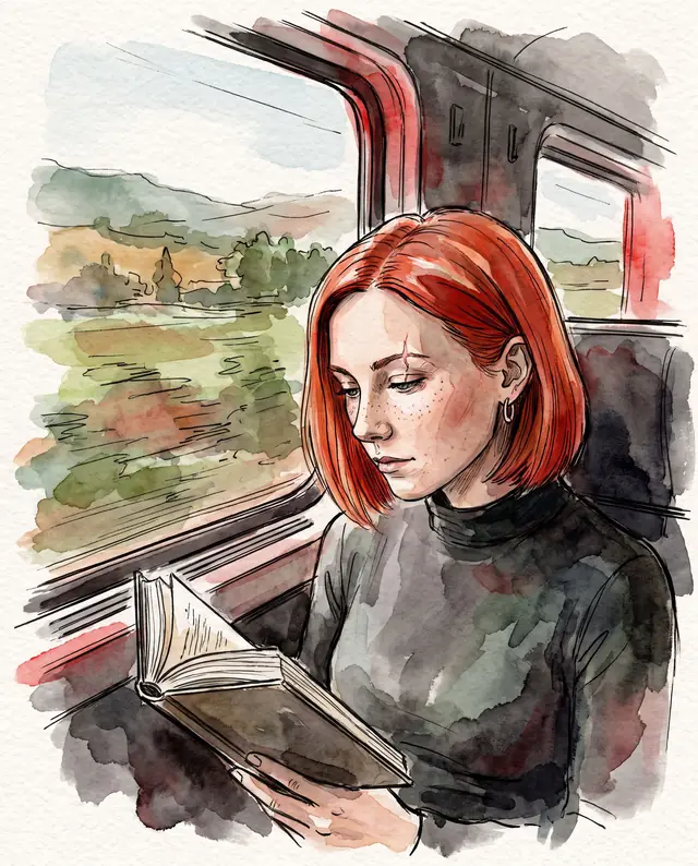 The same character as a watercolor illustration, reading on a train