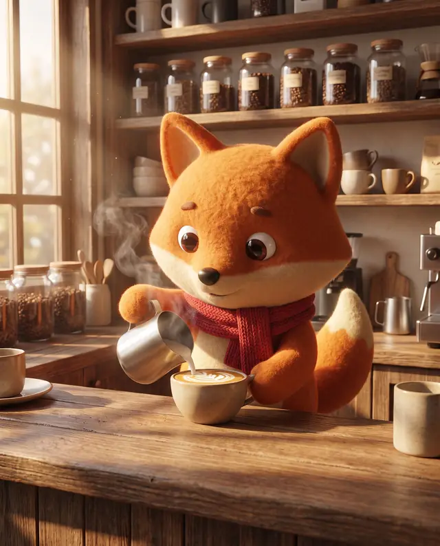 The fox as a barista pouring latte art