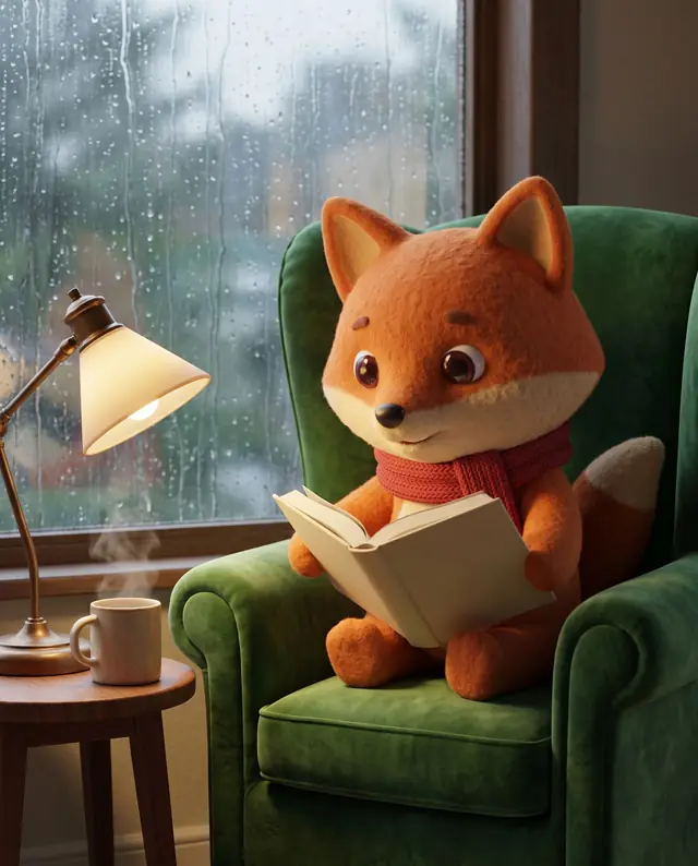 Reading in an armchair on a rainy day