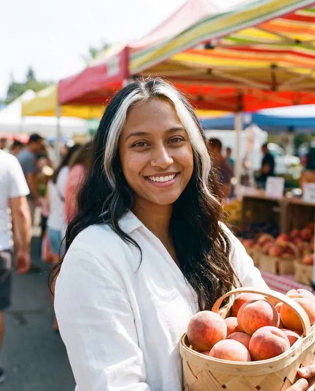 A basket of peaches at a farmers market