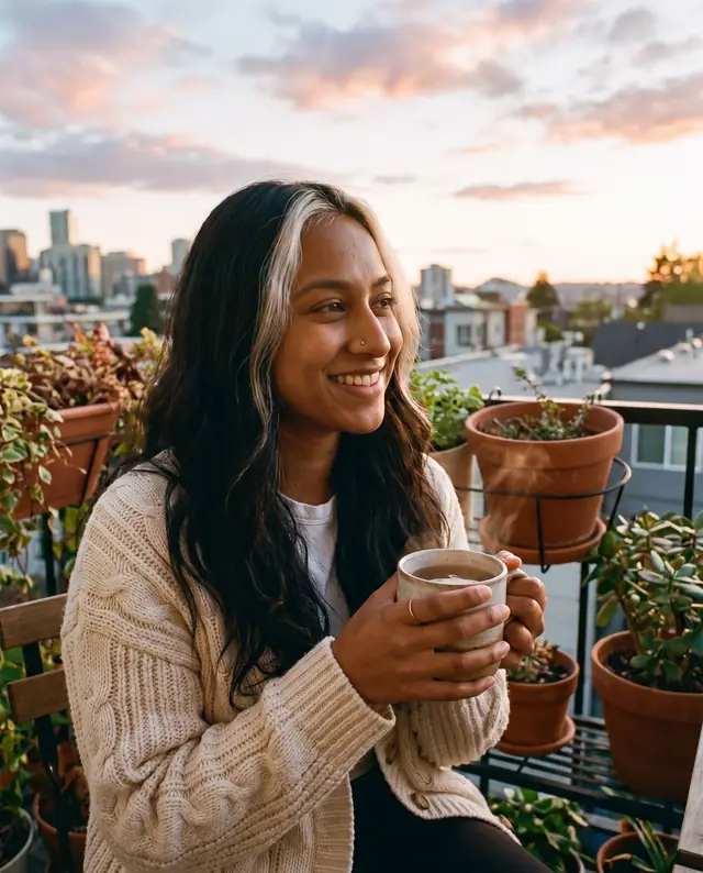 Tea on a balcony full of plants at sunset
