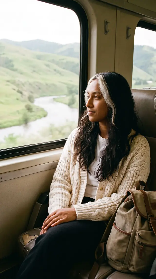 Travel day by a train window, vertical story format