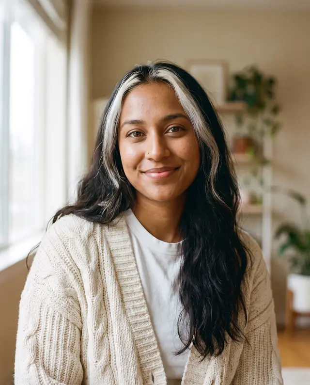 Reference portrait of a fictional lifestyle creator with a white streak in her hair