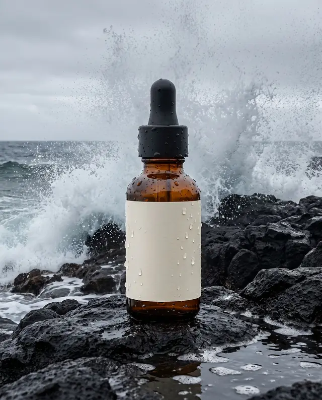 The same bottle on black volcanic rock in ocean spray