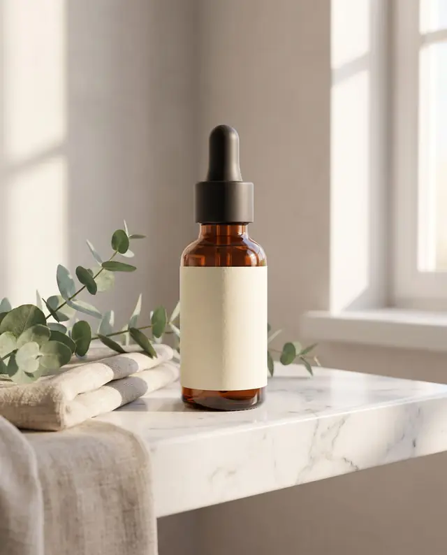 On a marble bathroom shelf with eucalyptus