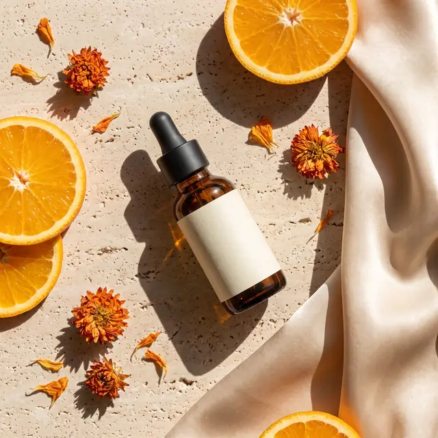Flat lay with orange slices and silk
