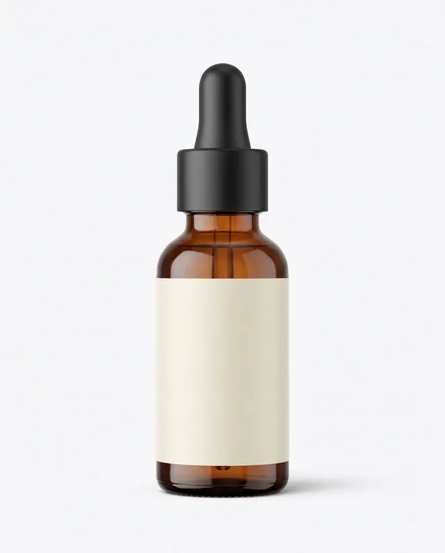 Packshot of a fictional serum bottle on white