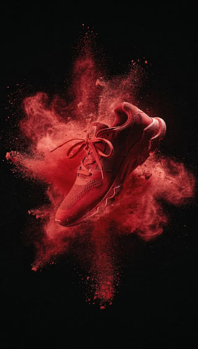 Start frame: a sneaker in a burst of red powder