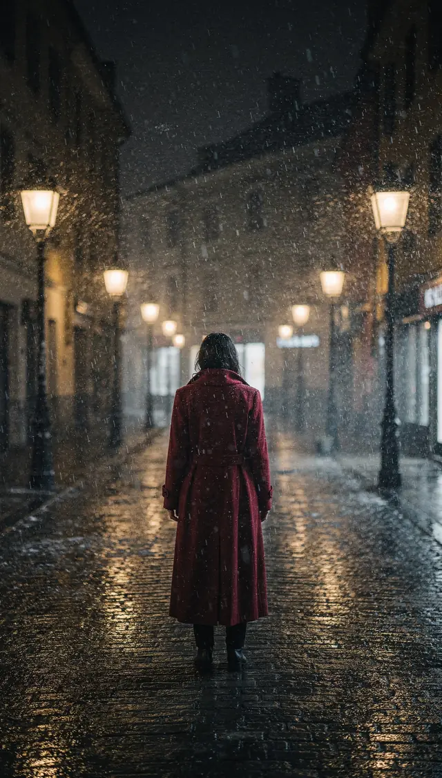 Start frame: a figure in a red coat in a snowstorm