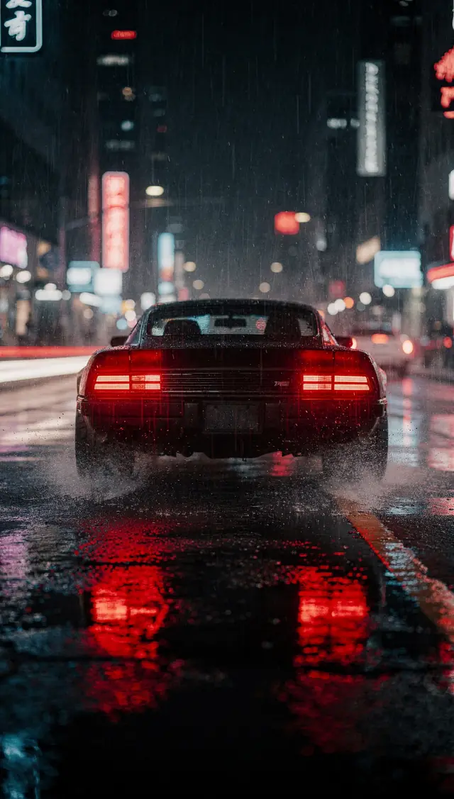 Start frame: a car in neon rain