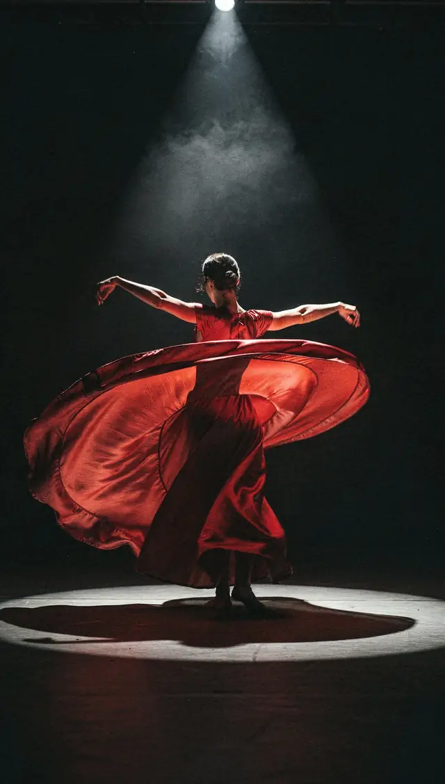 Start frame: a dancer in a red dress